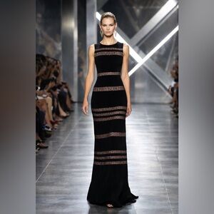 NWT BCBGMaxAzria “Katiana” Black Maxi Dress with Lace Accents – Size 0